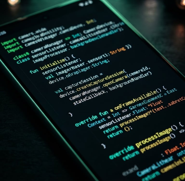 Extreme close-up of a flagship Android screen displaying clean IDE code with glowing green syntax highlighting, dark-mode studio lighting, 35mm macro lens