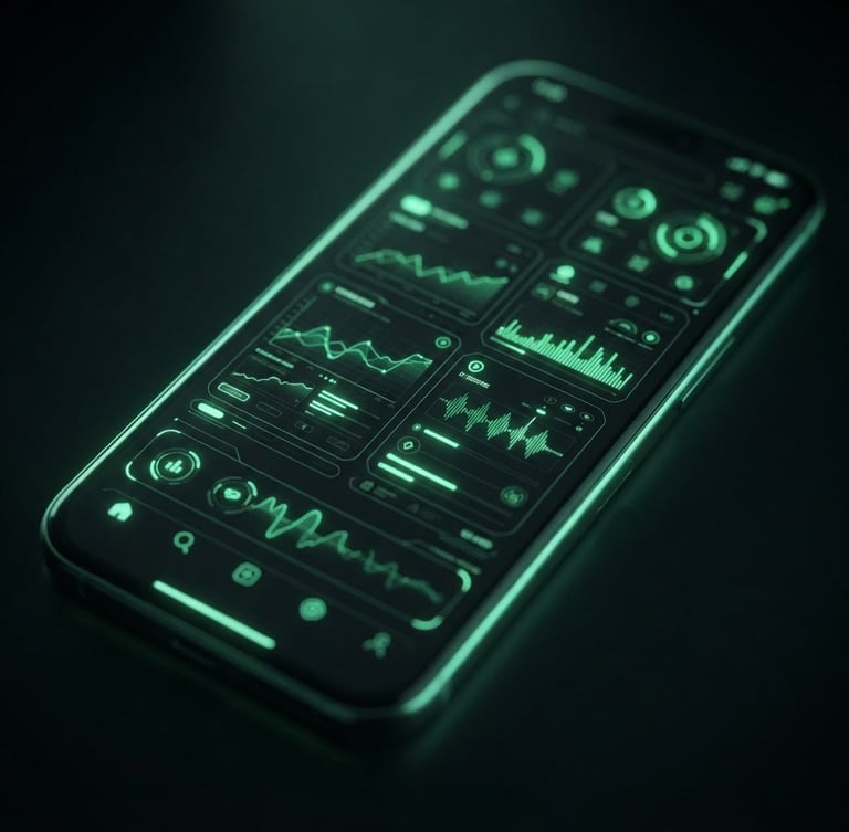 Moody low-key studio macro shot of a flagship Android screen displaying a high-fidelity dark-mode user interface, glowing neon green edge-lighting, sharp 35mm details