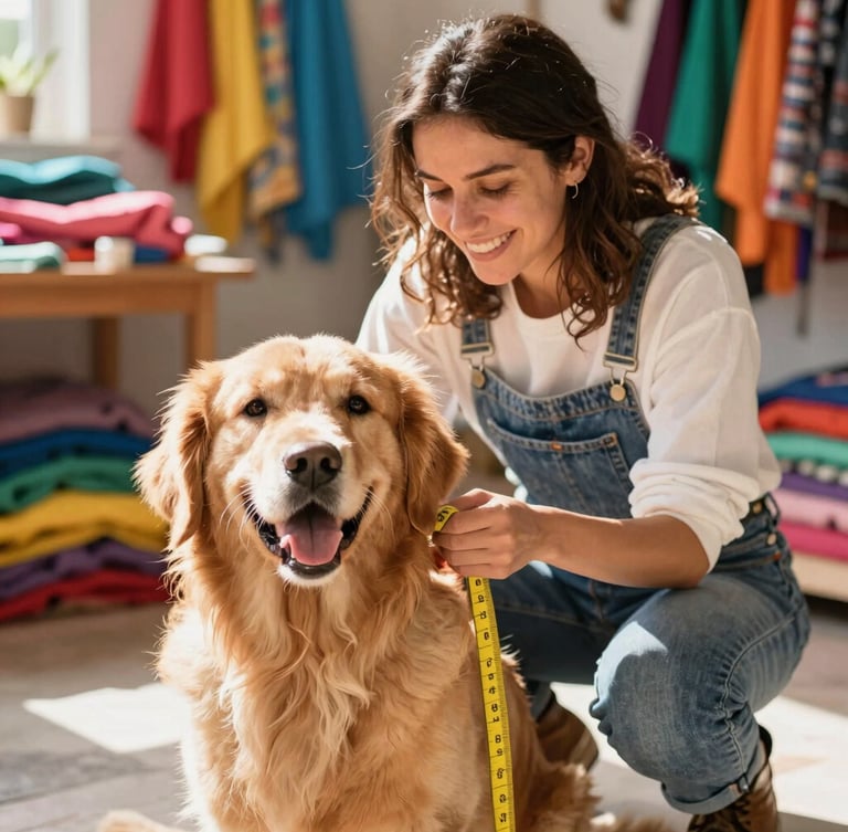 Bright editorial photo of a smiling woman in a sunlit Celaya workshop carefully measuring a happy golden retriever, colorful fabrics in background, warm natural daylight, shallow depth of field, 50mm