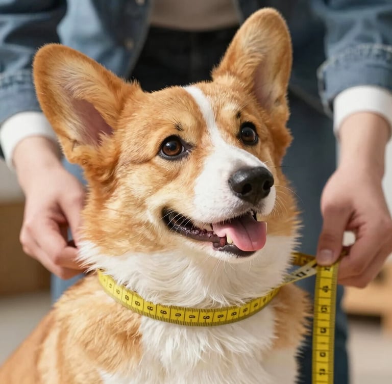 Close-up of a tailor measuring a cheerful Pembroke Welsh Corgi with a soft yellow measuring tape, bright natural daylight, warm editorial photography, 50mm