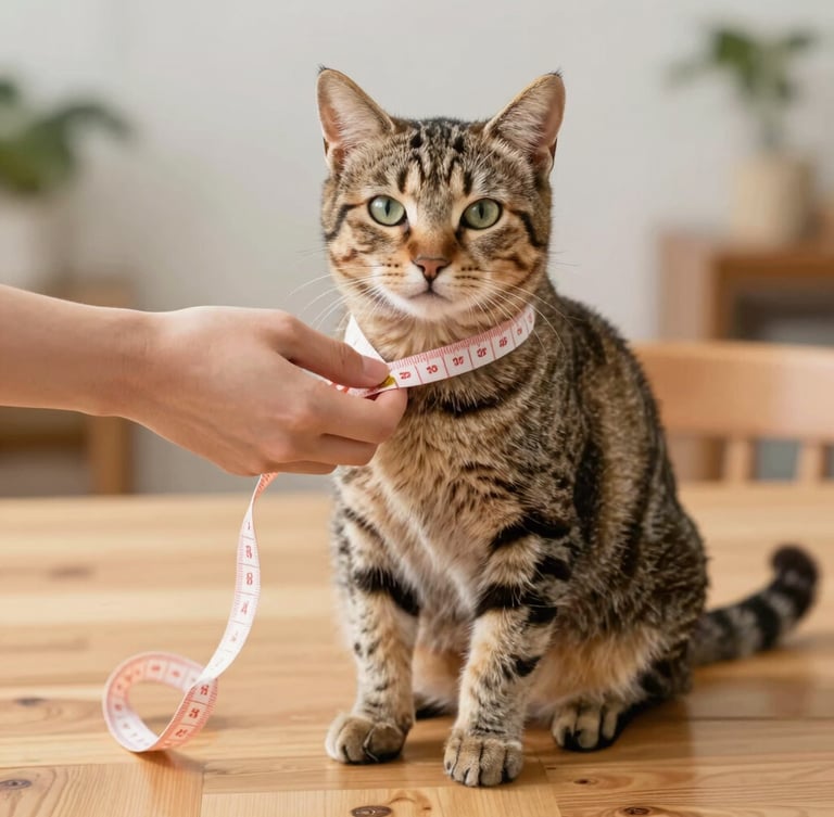 A calm tabby cat sitting on a clean wooden table while a hand gently wraps a soft measuring tape around its chest, bright warm daylight, shallow depth of field