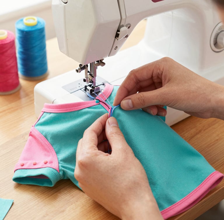 Close-up of hands carefully stitching a colorful teal and pink pet shirt on a wooden table, sewing machine and spools of thread visible, warm natural light, shallow depth of field, 50mm