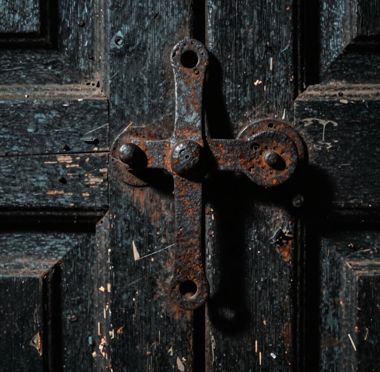 Extreme close-up of an ancient rusted iron door latch on a decaying wooden door, dark moody shadows, eerie South Asian gothic aesthetic, 35mm film grain
