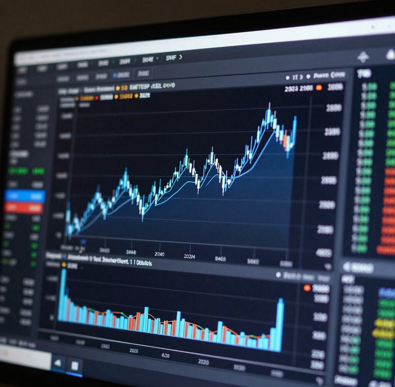 Macro straight-on shot of a high-fidelity financial dashboard mockup running on a dark interface with electric blue data lines.