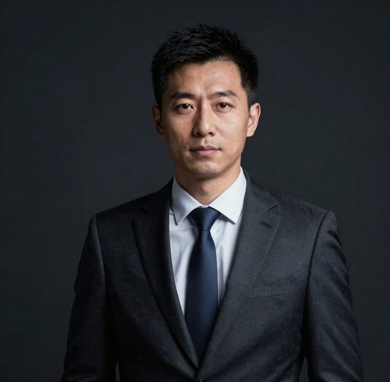 Minimalist high-contrast professional portrait of a modern finance professional in a dark studio setting, sharp key lighting, cool-toned cinematic atmosphere