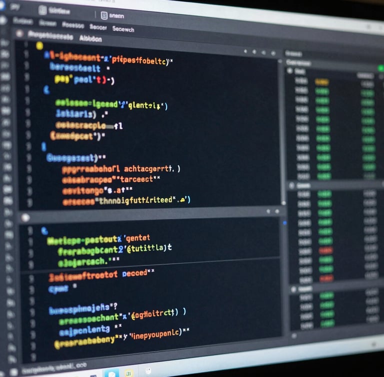 Macro straight-on crop of a financial terminal displaying clean code and real-time data pipelines, dark mode interface, sharp focus, cool studio lighting.