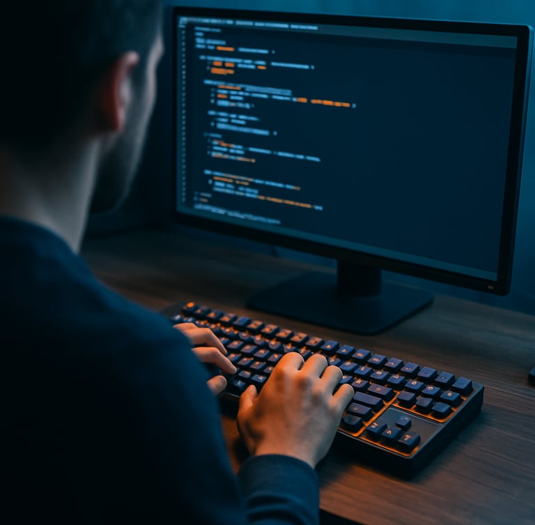 Over-the-shoulder perspective of a developer typing code on a mechanical keyboard, terminal window open with clean code, safety orange and electric blue ambient highlights, sharp 35mm