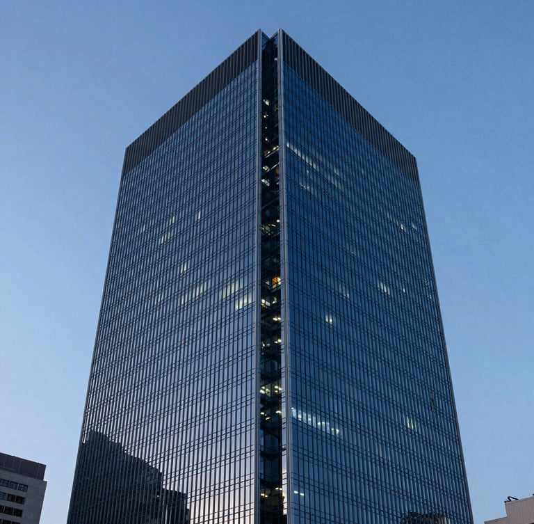 Wide panoramic shot of a modern high-rise corporate office building in São Paulo at dusk, architectural glass and steel reflecting deep blue light, sharp angles, minimalist aesthetic.