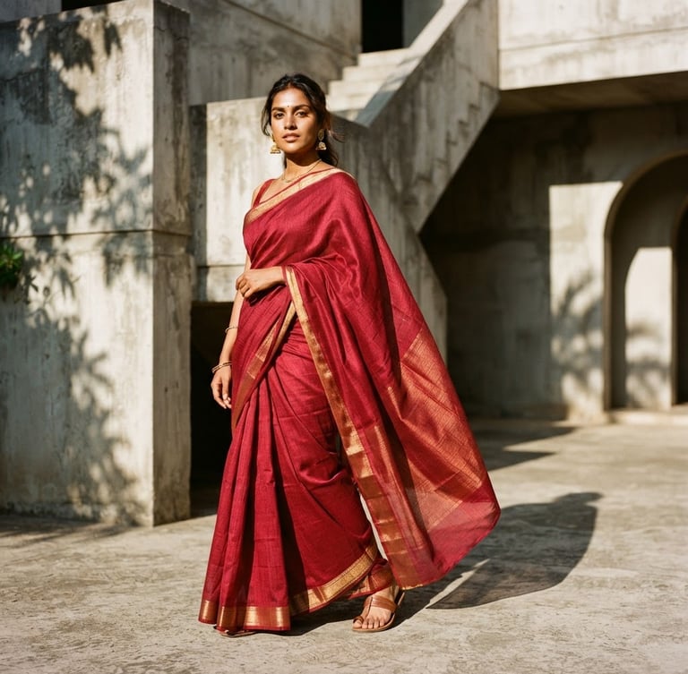 Warm editorial photography of a modern South Asian woman draped in a deep crimson silk saree, standing in a minimalist concrete architectural courtyard, high-contrast sunlight, sharp dramatic shadows, 35mm.