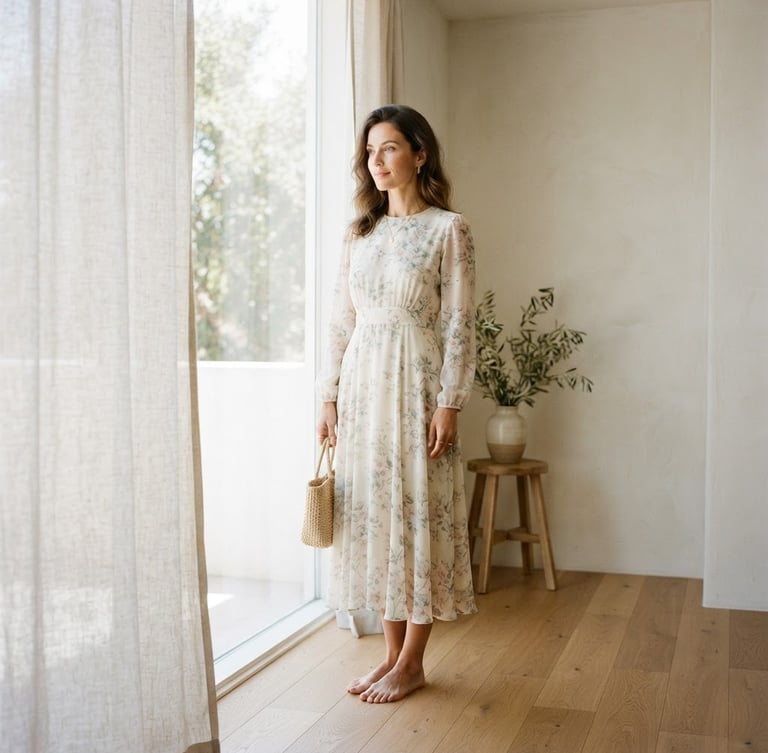 Elegant woman in a cream-colored modest dress with soft floral prints, standing in a bright minimalist sunlit room, editorial fashion photography, 35mm