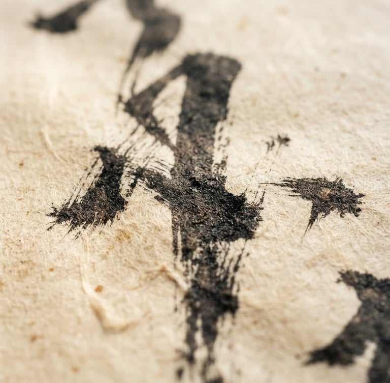 Macro close-up of dark ink brushstrokes on textured, aged warm cream Xuan paper, soft natural side-light showing fibrous paper texture, elegant and silent, 35mm photography