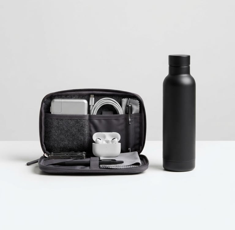 Bright high-key product photography of a curated tech organizer and sleek water bottle on a clean neutral studio backdrop, crisp even lighting, sharp focus.