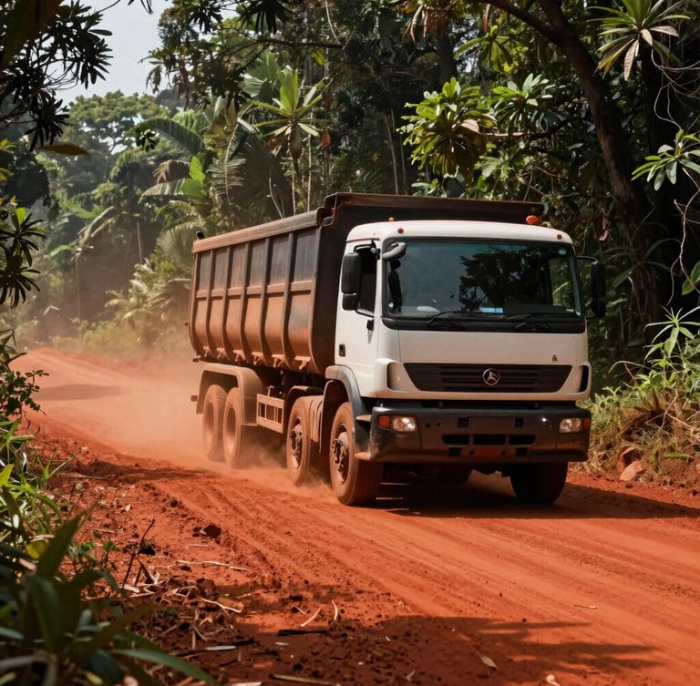 A heavy transport truck moving on a vibrant red dirt road in the Bafia forest, high-contrast natural Cameroonian sunlight filtering through the canopy, dust kicking up behind the wheels.