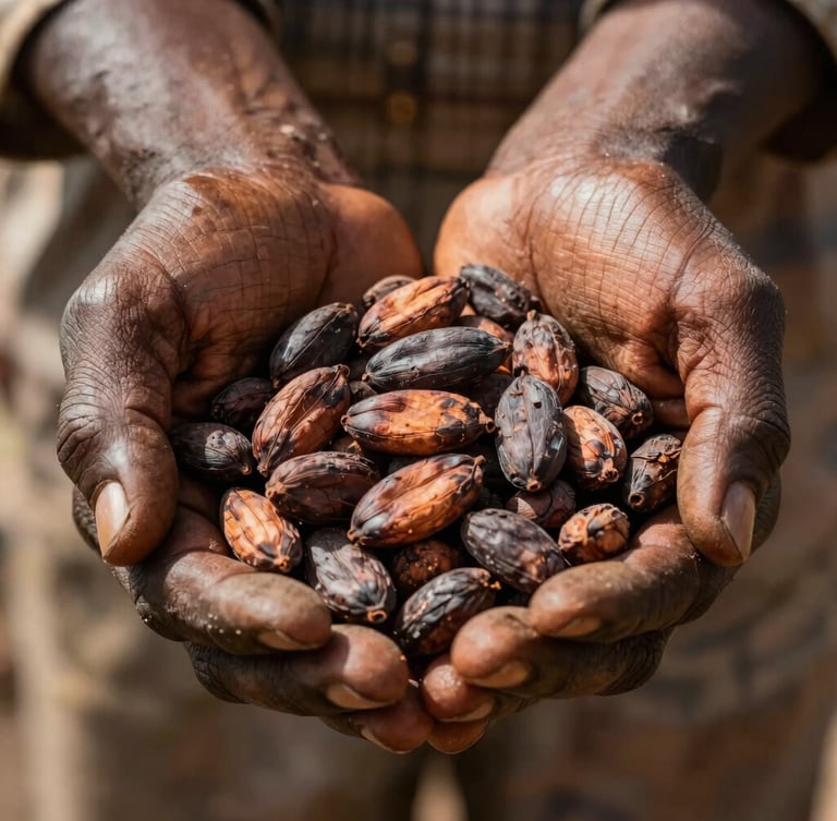 Macro close-up of raw, rich brown fermented cocoa beans cradled in the weathered hands of a Cameroonian farmer, bright natural sunlight highlighting the texture
