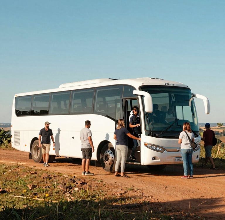 Wide shot of a clean, modern white tourist bus parked near a scenic overlook in Paraná, bright daylight, candid travelers boarding.