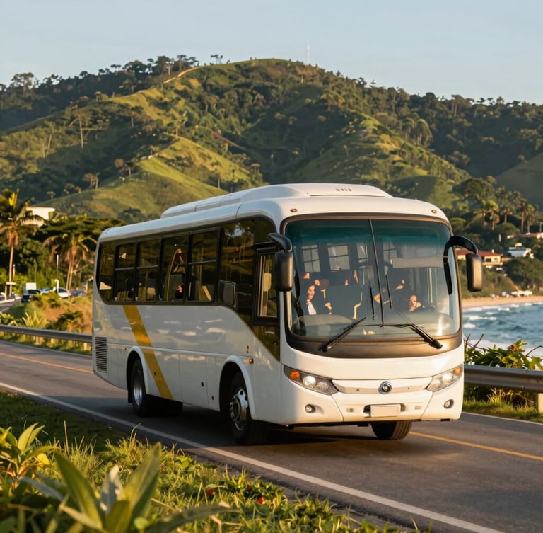 A clean modern passenger bus driving along a scenic coastal highway in Paraná under bright golden-hour daylight, lush green hills in the background, warm tones.