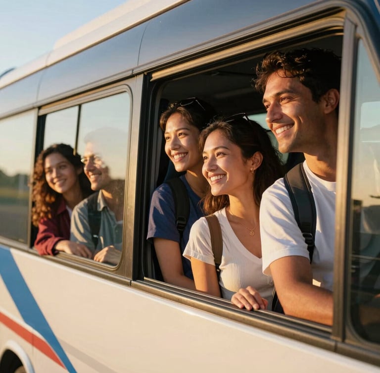 A group of smiling travelers of mixed ages looking out of a modern bus window, warm golden-hour sunlight casting a soft glow, vibrant tones, 35mm lens editorial style.