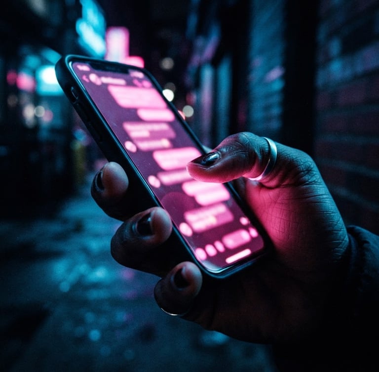 Extreme close-up of a hand holding a glowing smartphone displaying a blurred pink chat interface, dramatic neon blue gel backlighting, high contrast, moody urban atmosphere, 35mm lens