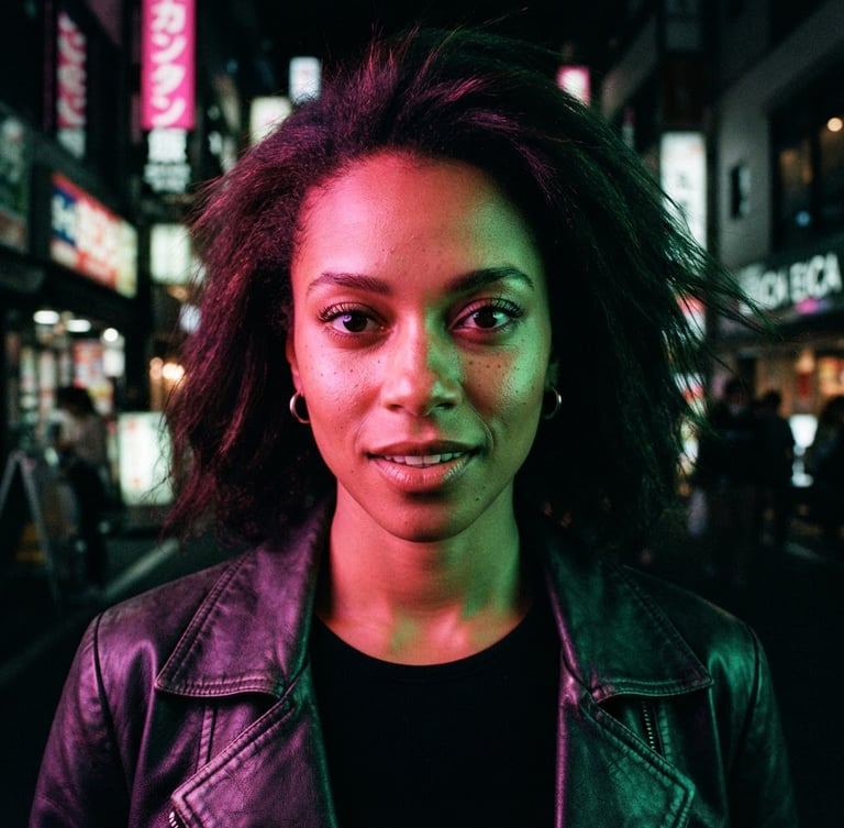 Close-up portrait of an expressive young woman under high-contrast pink and green neon lighting, looking directly at the camera, dark urban background, 35mm lens