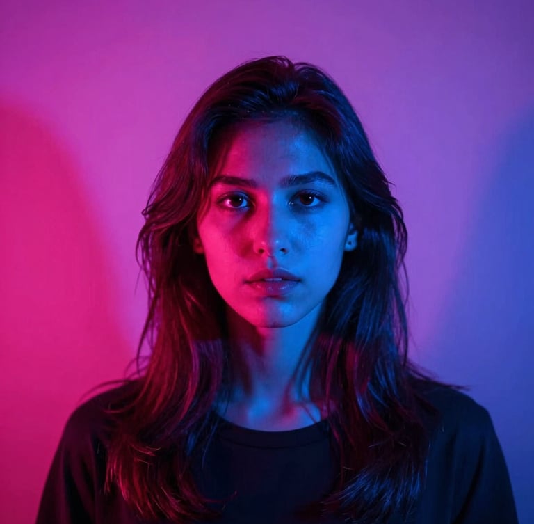 A highly stylized, suggestive portrait of a woman in shadow, illuminated by strong neon pink and electric blue gel lights, dramatic contrast, moody atmosphere, 35mm lens, slightly blurred foreground