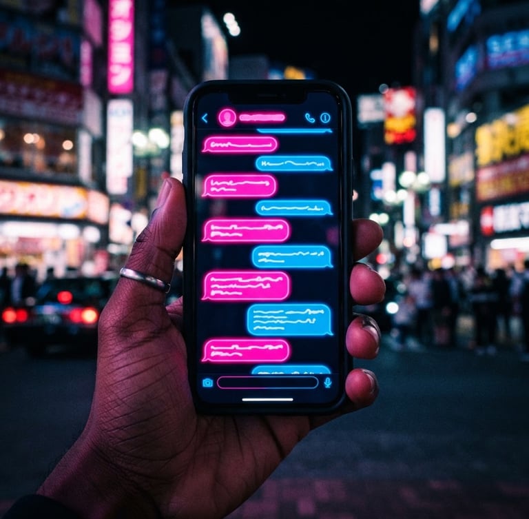 Close-up of a hand holding a smartphone displaying vibrant pink and blue chat bubbles, neon-lit urban background, high contrast, 35mm lens