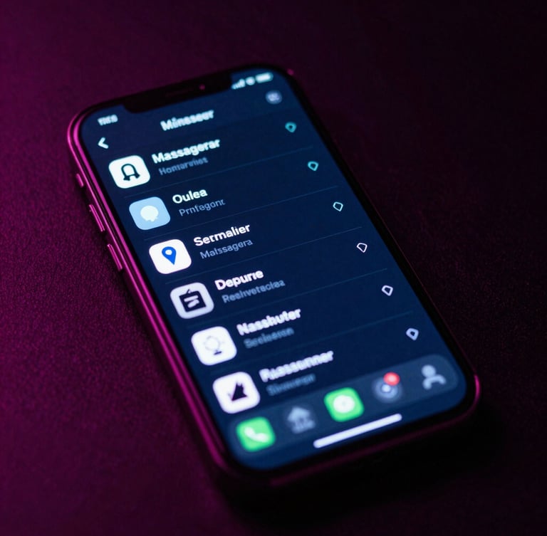 Gros plan sur un smartphone affichant une interface de messagerie instantanée lumineuse, éclairage néon rose et vert électrique, fond sombre