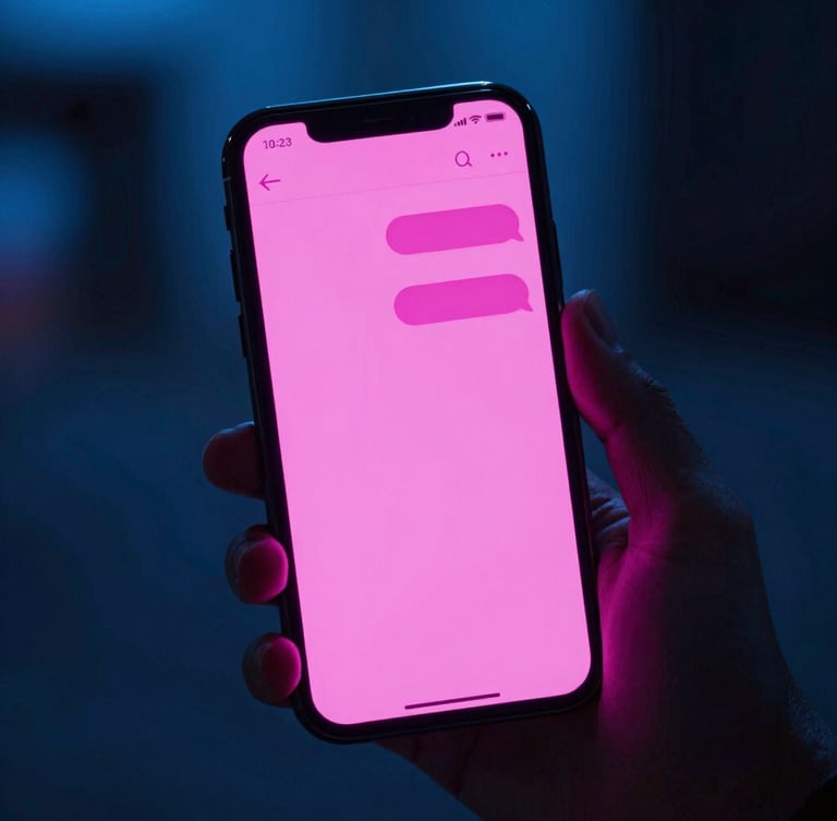 Close-up of a hand holding a smartphone with a glowing neon pink chat interface, dark moody background with electric blue backlighting, high contrast, 35mm lens