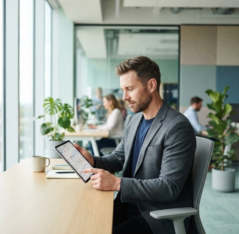 Wide shot of a focused male entrepreneur in a modern, bright office, looking at financial data on a tablet with a calm expression. Natural daylight, soft green and blue tones, shallow depth of field.
