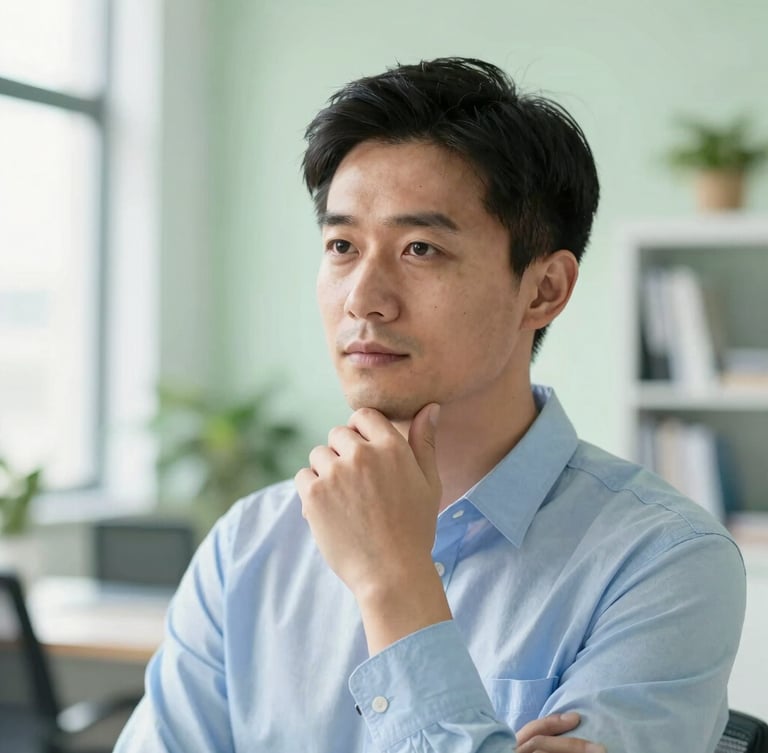 Close-up portrait of a thoughtful financial consultant, mid-30s, looking slightly off-camera, in a bright modern office, natural daylight, soft focus background, conveying trustworthiness and approachability. Green and blue tones.