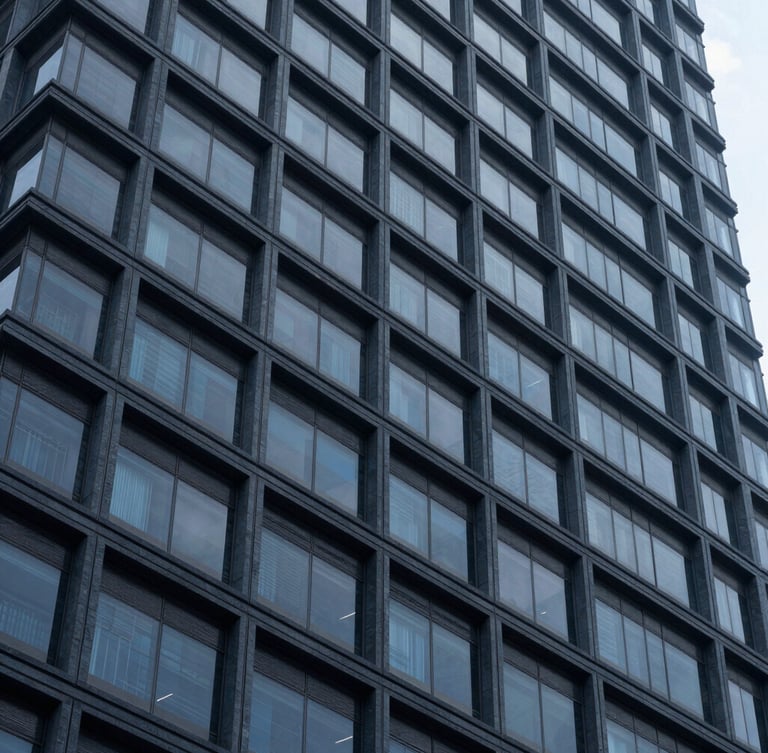 Macro shot of clean architectural lines of a modern corporate skyscraper in São Paulo, deep blue and slate tones, cool diffused daylight, sharp focus, 35mm