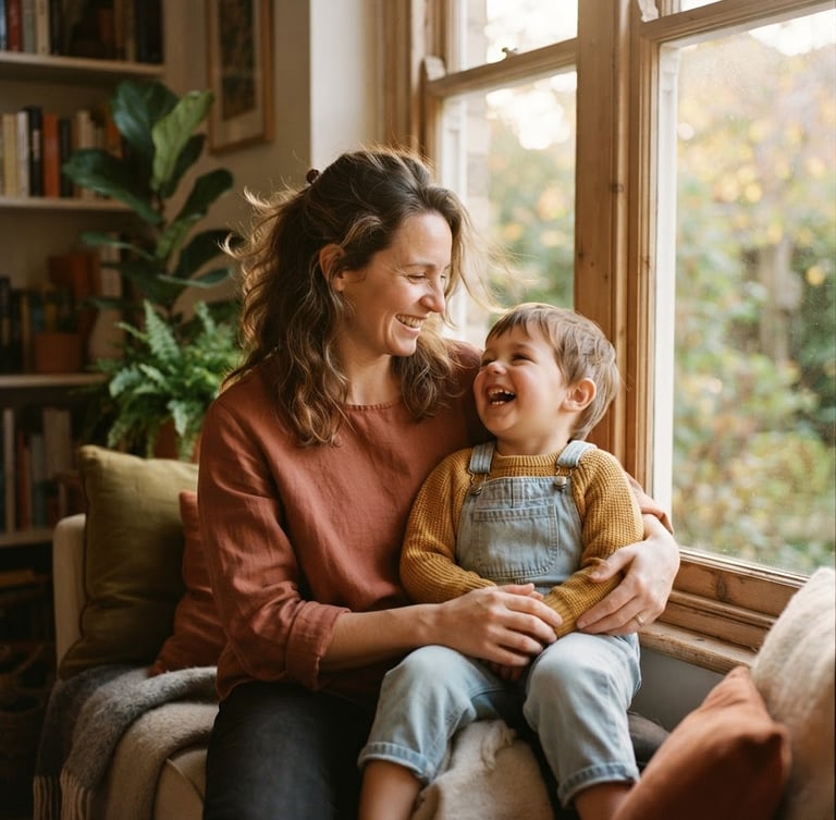 Warm editorial photography of a mother and child sharing a quiet laugh near a sunlit window, soft golden hour glow, rich earthy tones, shallow depth of field, 35mm