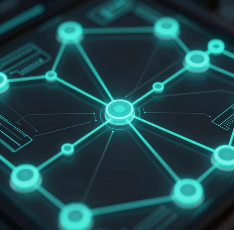 Extreme close-up of a high-tech node-based automation interface, glowing teal connection lines, dark background, sleek technical schematics, 35mm