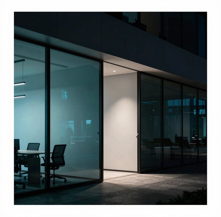 Sleek modern architectural office with cool-toned ambient light, sharp teal accents reflecting on glass partitions, deep shadows, 35mm