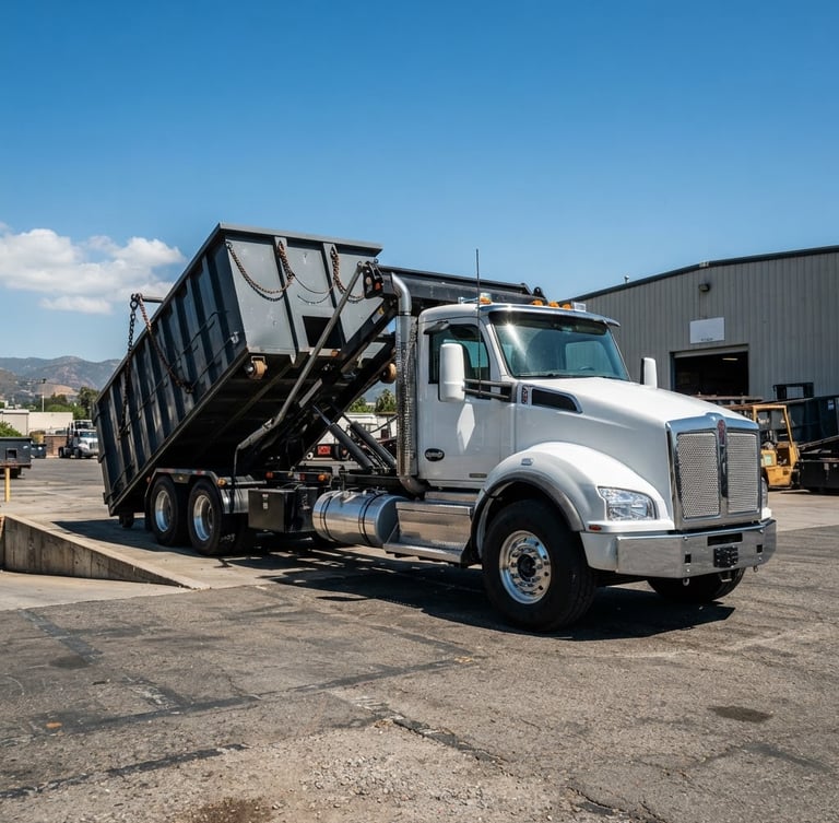 Low-angle hero shot of a clean branded steel roll-off dumpster delivery truck under bright direct California sunlight, sharp focus, 35mm lens