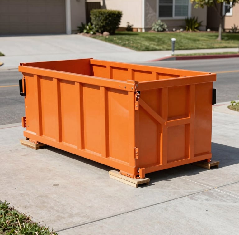 A clean orange steel dumpster placed precisely on wooden protective boards on a concrete residential driveway, bright California sunlight, sharp focus