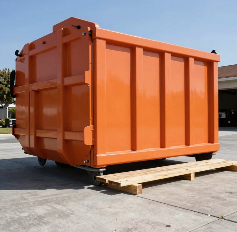 Low-angle shot of a clean orange roll-off dumpster being carefully lowered onto protective wooden planks on a concrete driveway, bright California sun, sharp shadows