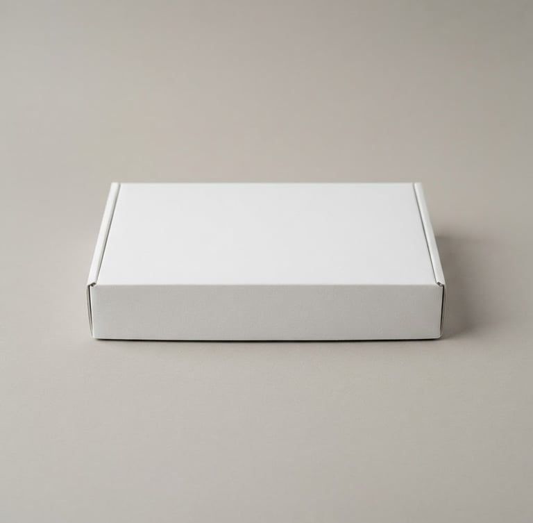 Minimalist packaging mockup of a premium product box on a clean, warm light gray background, diffused studio lighting, soft subtle shadows, architectural corporate style