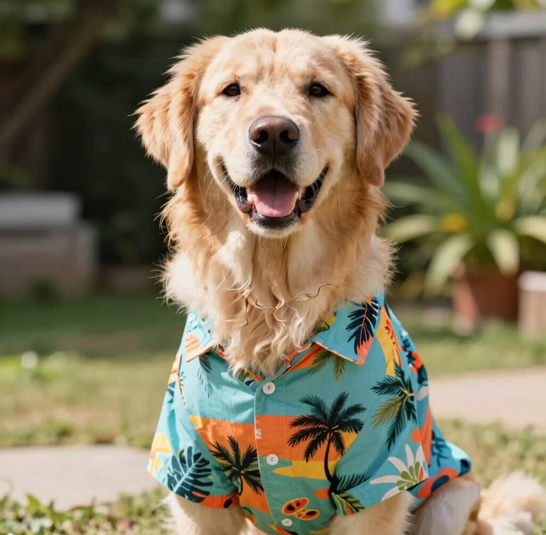 Bright natural light photography of a happy Golden Retriever wearing a colorful tropical print shirt, eye-level medium shot, sunny garden background, 35mm