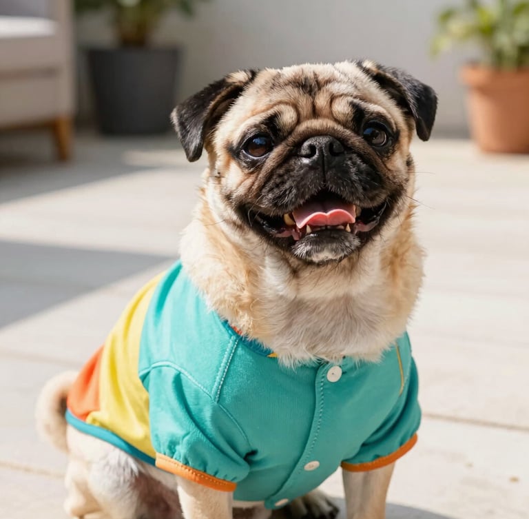 Bright natural light photography, a happy pug wearing a custom-fit colorful teal shirt, sitting on a sunny patio, eye-level close-up showing perfect stitching, 35mm