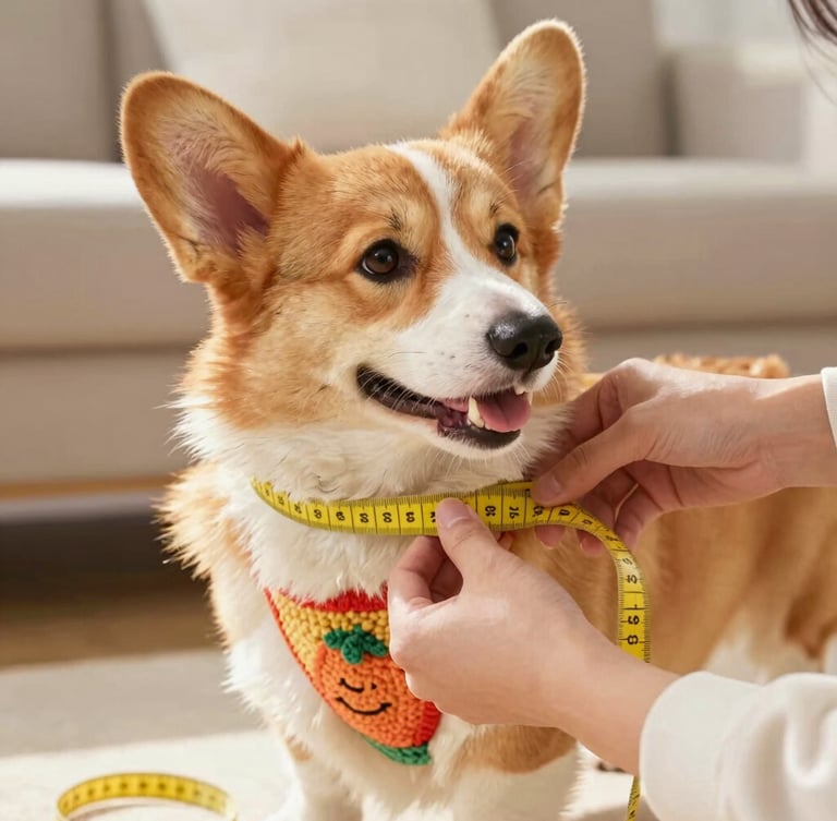 Bright natural light photography, hands gently measuring a fluffy corgi's chest with a yellow tape measure, warm sunny living room, close-up, 35mm