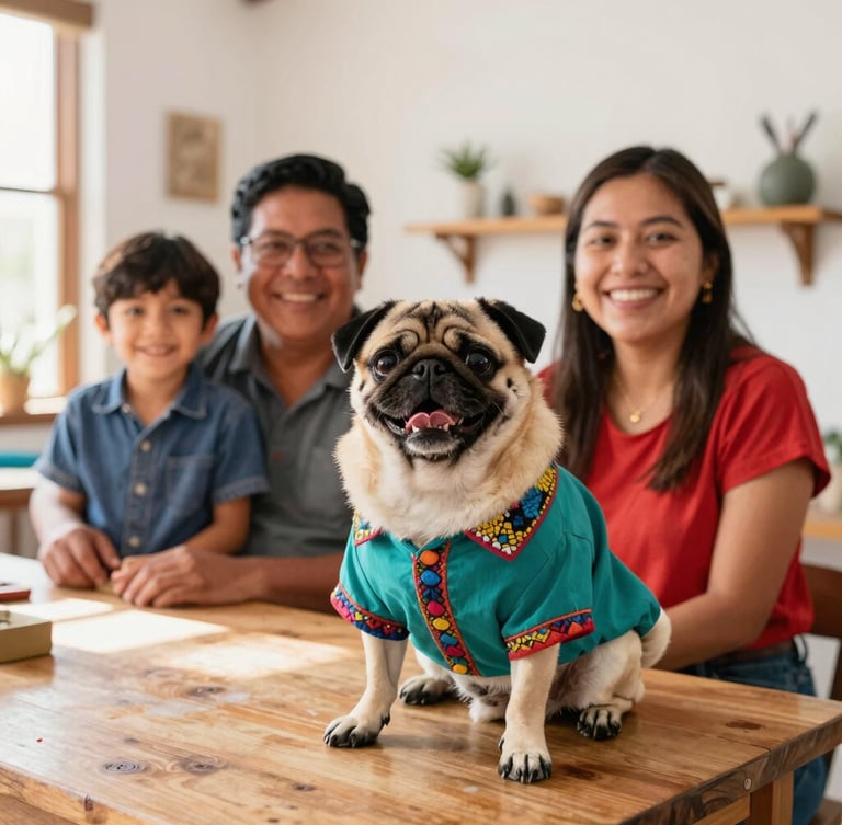 Eye-level medium shot of a happy Mexican family in a bright Celaya workshop, a smiling pug wearing a colorful handmade teal shirt sitting on the wooden worktable, warm natural daylight, 35mm