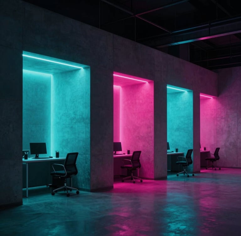 Asymmetric architectural crop of a high-contrast creative agency workspace at night, low-key dramatic studio lighting with vibrant neon cyan and hot magenta rim-lights casting deep shadows on sleek concrete walls, 35mm lens, editorial style.