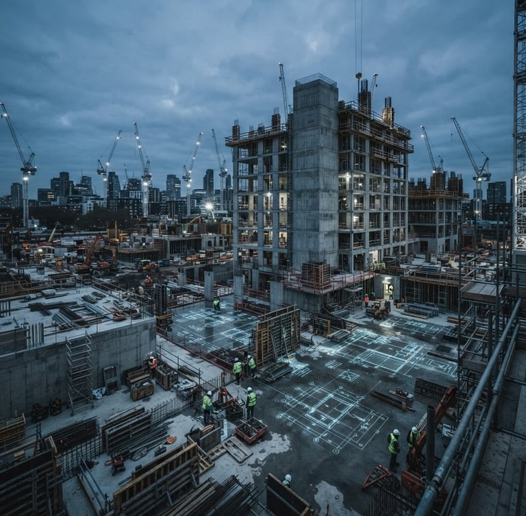 Wide-angle view of a modern construction site at dusk, concrete structures rising, with blueprints subtly overlaid on the ground, cool overcast lighting, desaturated slate tones.