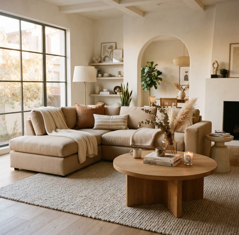 A bright, beautifully styled modern living room with a warm beige linen sectional, oak coffee table, soft golden-hour window light, editorial 35mm photography.