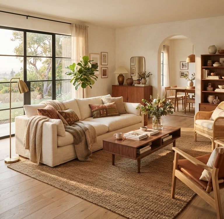 Wide shot of a beautifully styled modern living room with warm natural light, focus on a comfortable sofa, elegant wood furniture, and soft textiles, seen from a slightly elevated angle.