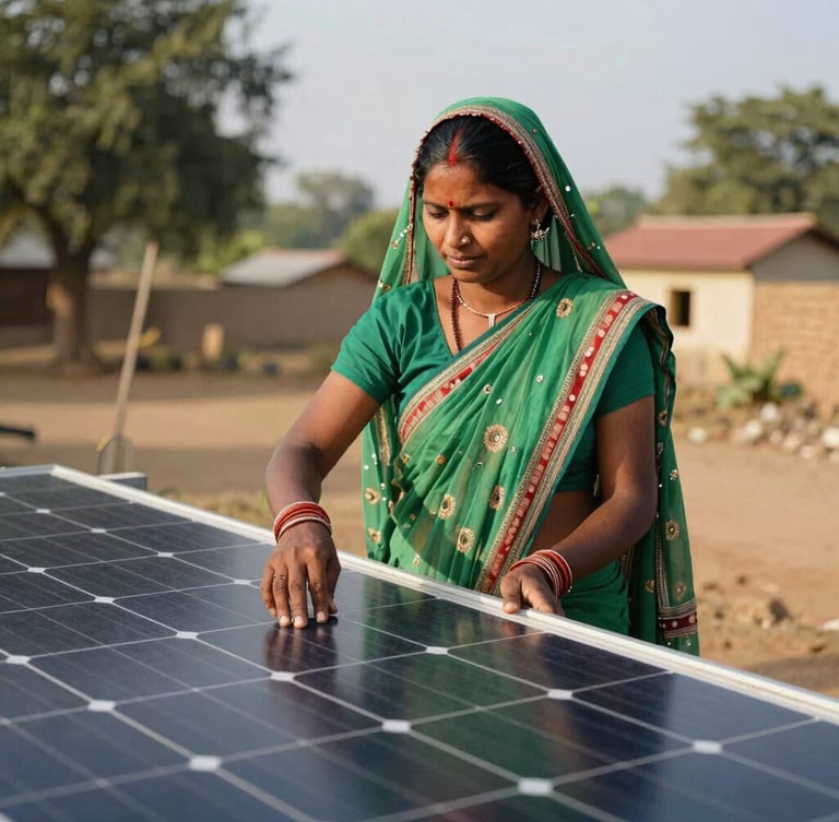 A proud rural Indian woman in a green saree, working on a solar panel installation in Chhattisgarh, warm natural afternoon sunlight, 35mm lens, authentic documentary style.