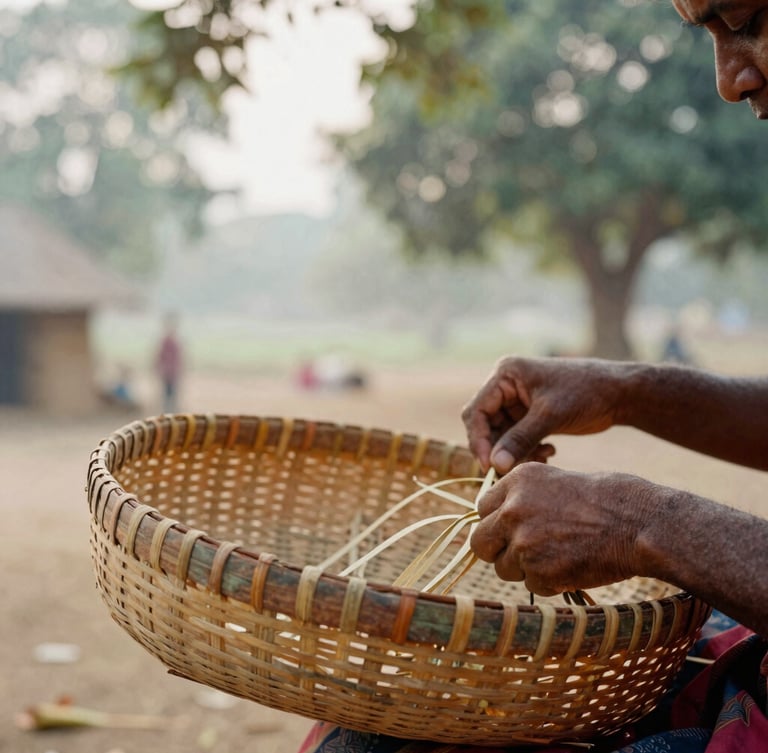 A close-up of hands weaving a bamboo basket in a rural Indian village setting, soft morning light filtering through trees, authentic craftsmanship, 35mm lens.