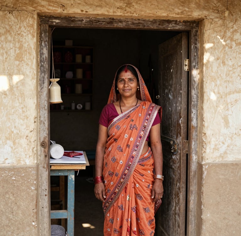 A medium shot of an Indian woman proudly standing in her newly established home tailoring shop, warm sunlight filtering through the doorway.