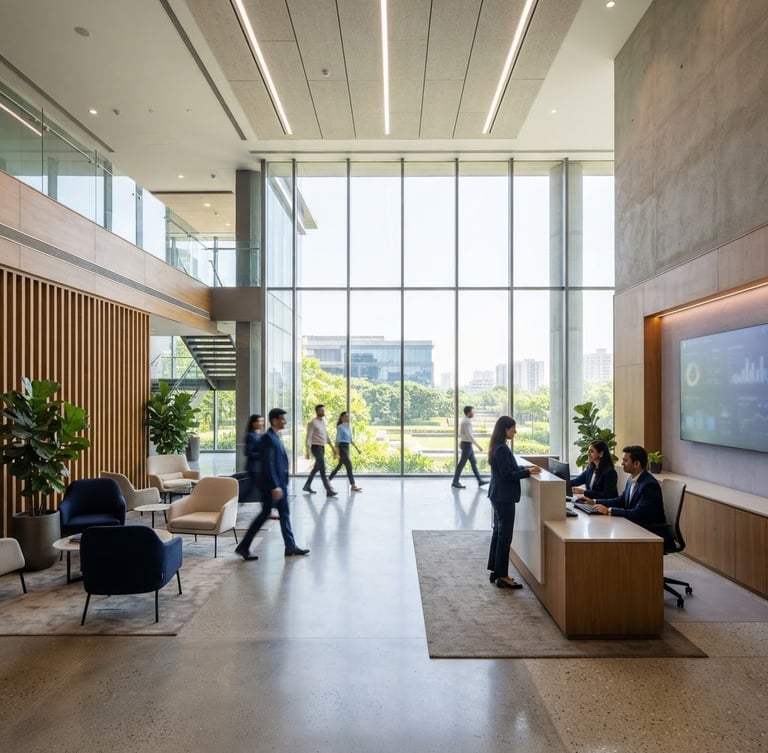 Wide architectural shot of a modern, sunlit office lobby in Gurugram, clean lines, professional atmosphere, natural window light, sharp focus, with a subtle hint of a digital dashboard on a screen in the background, 35mm.