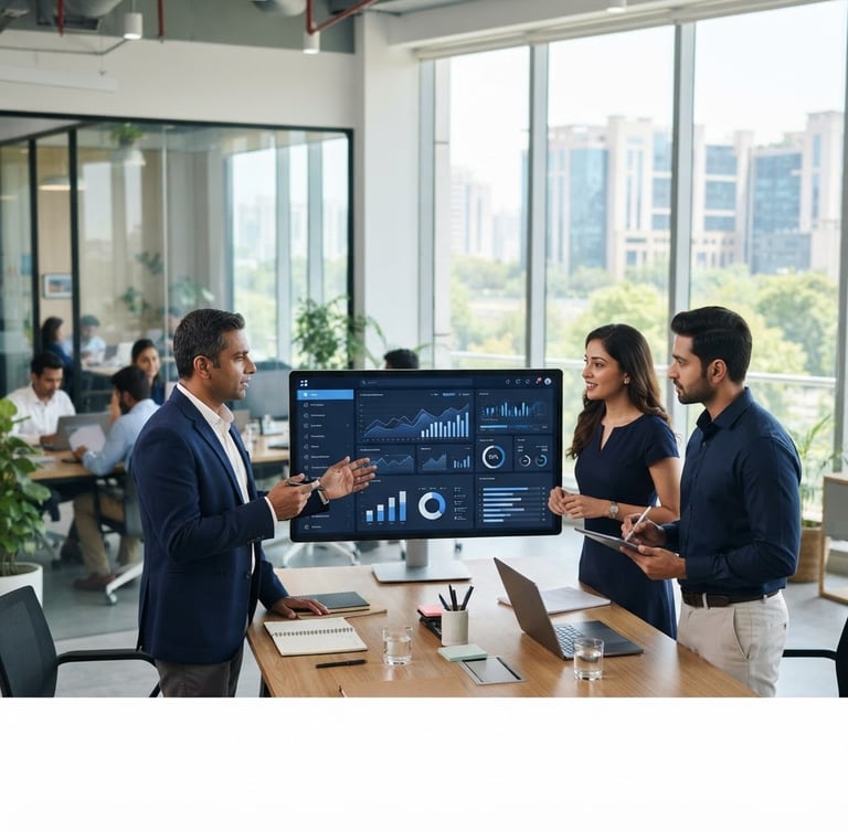 Professional financial advisors collaborating in a modern, sunlit office in Gurugram, digital dashboard visible on a large monitor, clean corporate navy and white tones, sharp focus.